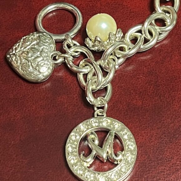 Silver-Tone Chain Charm Bracelet w/Heart, "M" Initial, Faux Pearl, Rhinestones - Picture 11 of 13